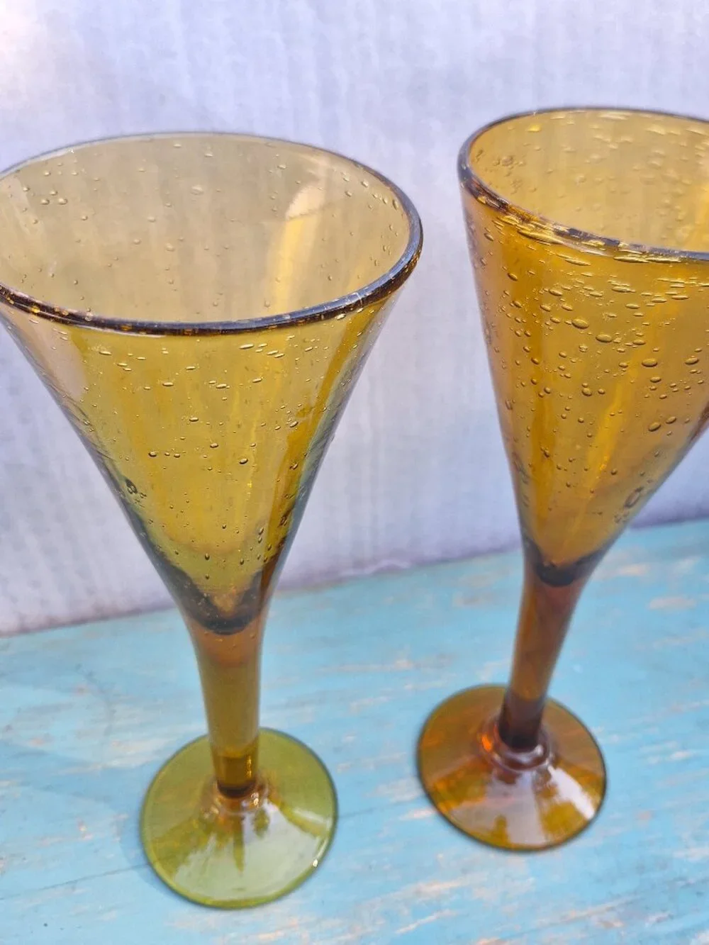 Vintage Wine Goblets Bubbles Hand Blown Glass Gold Bronze Color Pair His and Her - Picture 3 of 16